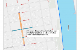 Image shows maps with marked construction detours. Verbage included in text of this page.
