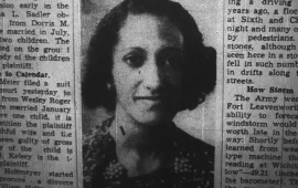 Newspaper clipping with picture of a young woman with curly hair and dark skin wearing earrings and flowered print dress