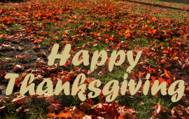 Tree with orange leaves, some on the ground, around mini Statue of Liberty, Leavenworth city logo text reads Happy Thanksgiving