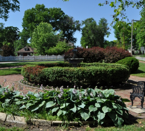 Fountain and hostas at Union Park