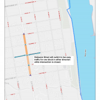 Image shows maps with marked construction detours. Verbage included in text of this page.