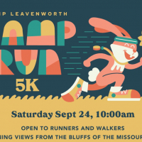 Camp Leavenworth 5K race logo with rabbit running with a sunflower