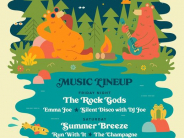 Music groups listed in graphic that are listed on this page, shows bear making smores 