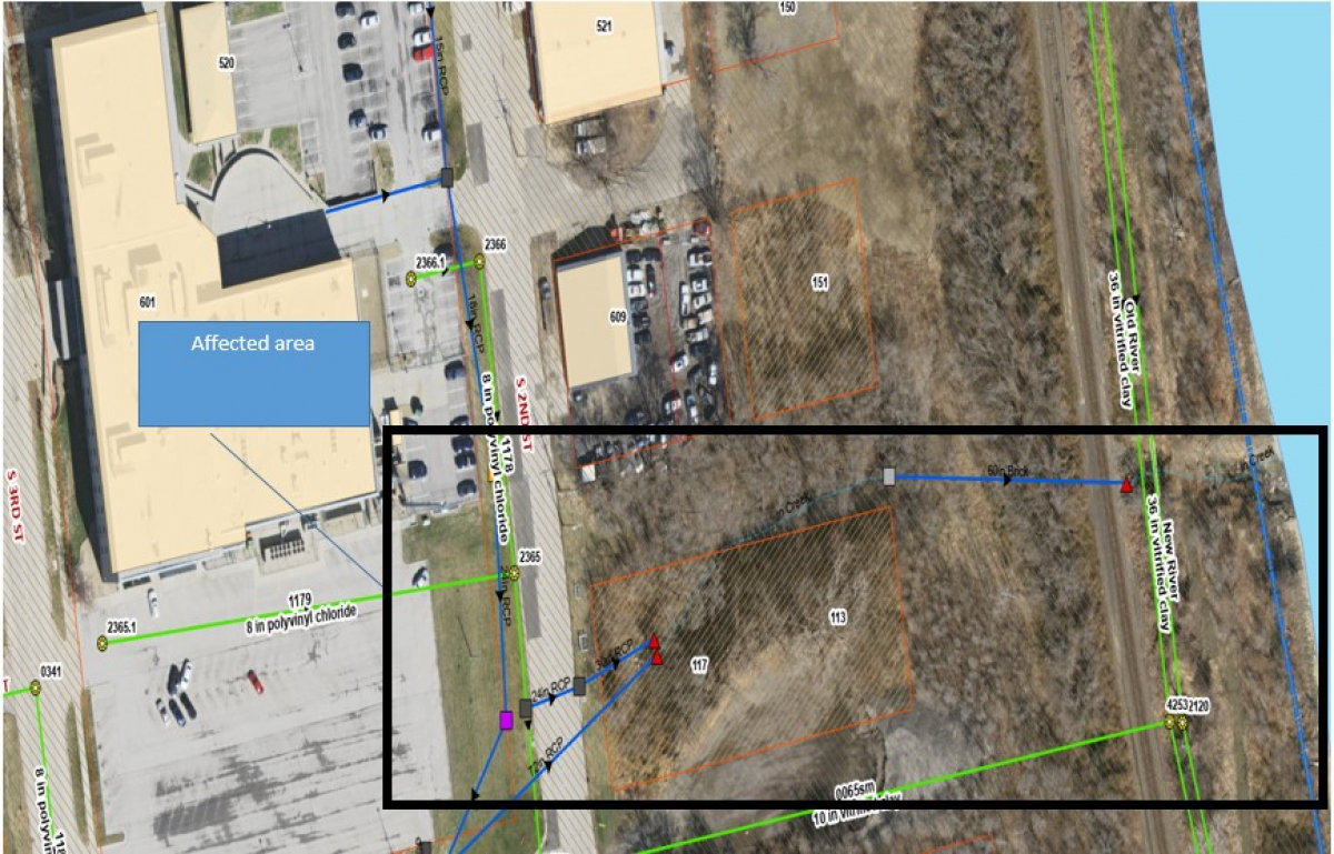 map of affected area near 601 S. Third Street to the Missouri River